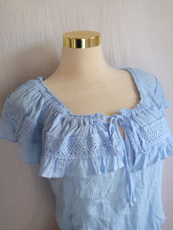 No Boundaries Light Blue Ruffled Crochet-Trim Off-Shoulder Top - Picture 2 of 5